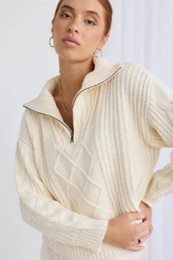 Ivy + Jack Clover Ivory Zip Front Cable Knit Jumper
