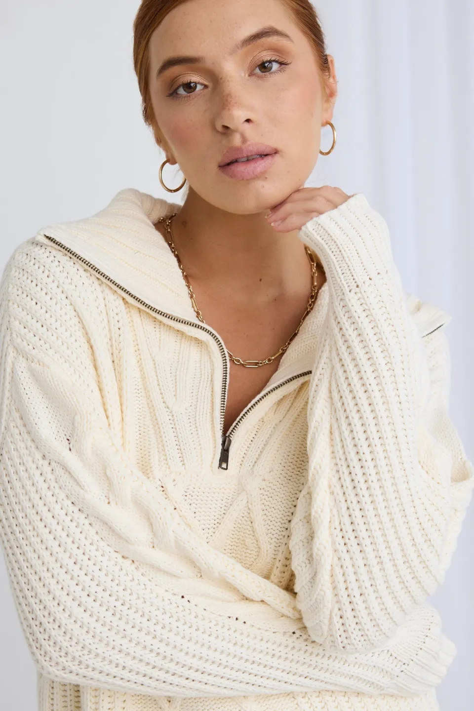 Ivy + Jack Clover Ivory Zip Front Cable Knit Jumper