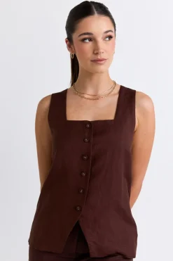 RE:UNION Label Coastal Chocolate Linen Longline Crew Vest