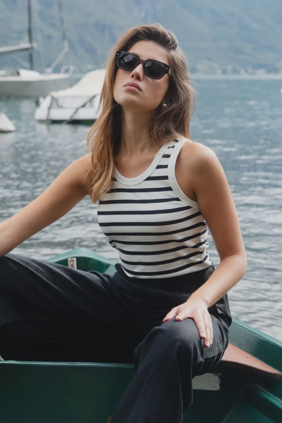 RE:UNION Label Cobble White Black Stripe Rib Cutaway Tank
