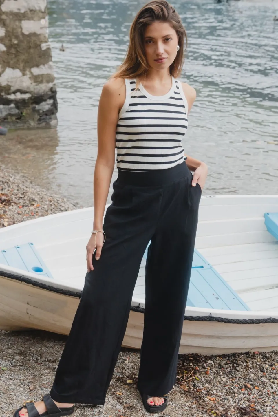RE:UNION Label Cobble White Black Stripe Rib Cutaway Tank