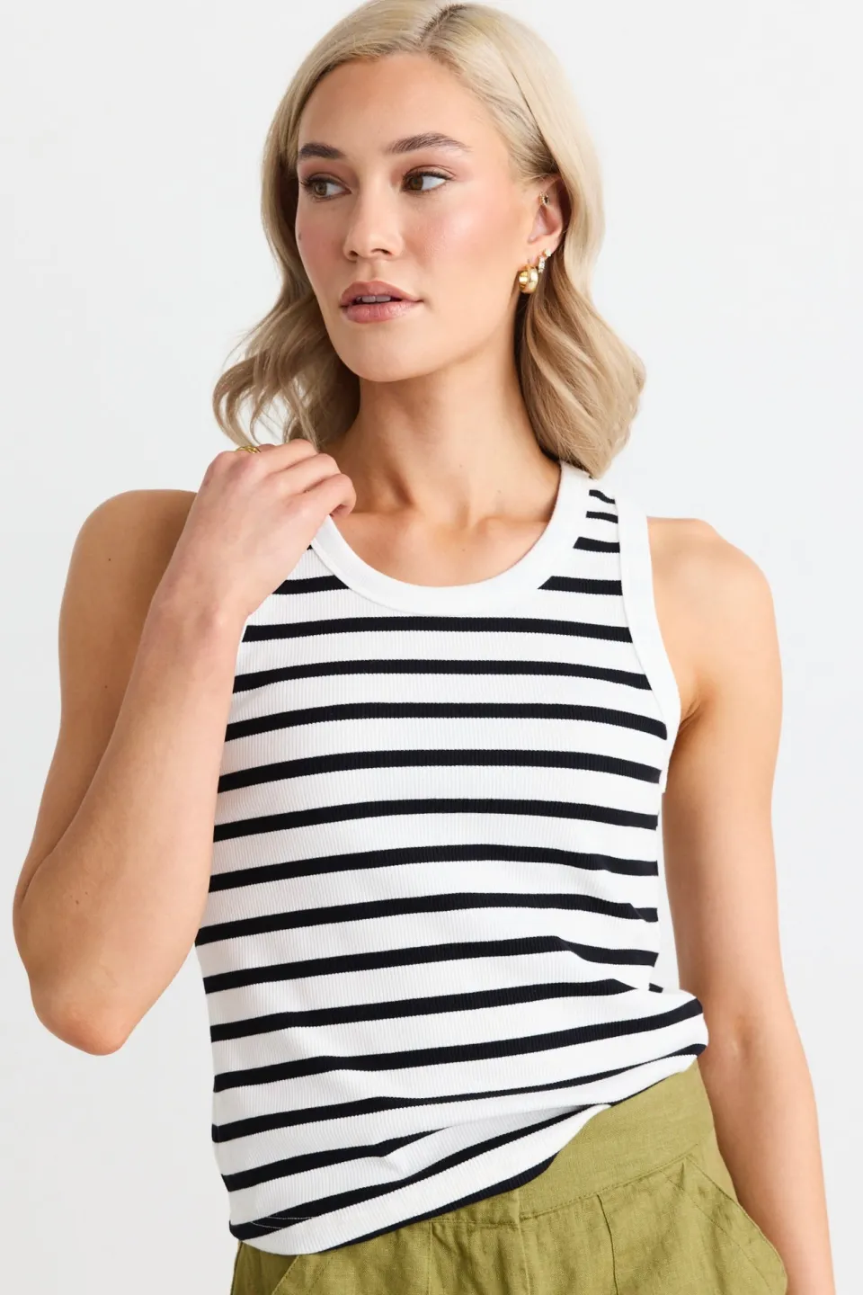 RE:UNION Label Cobble White Black Stripe Rib Cutaway Tank
