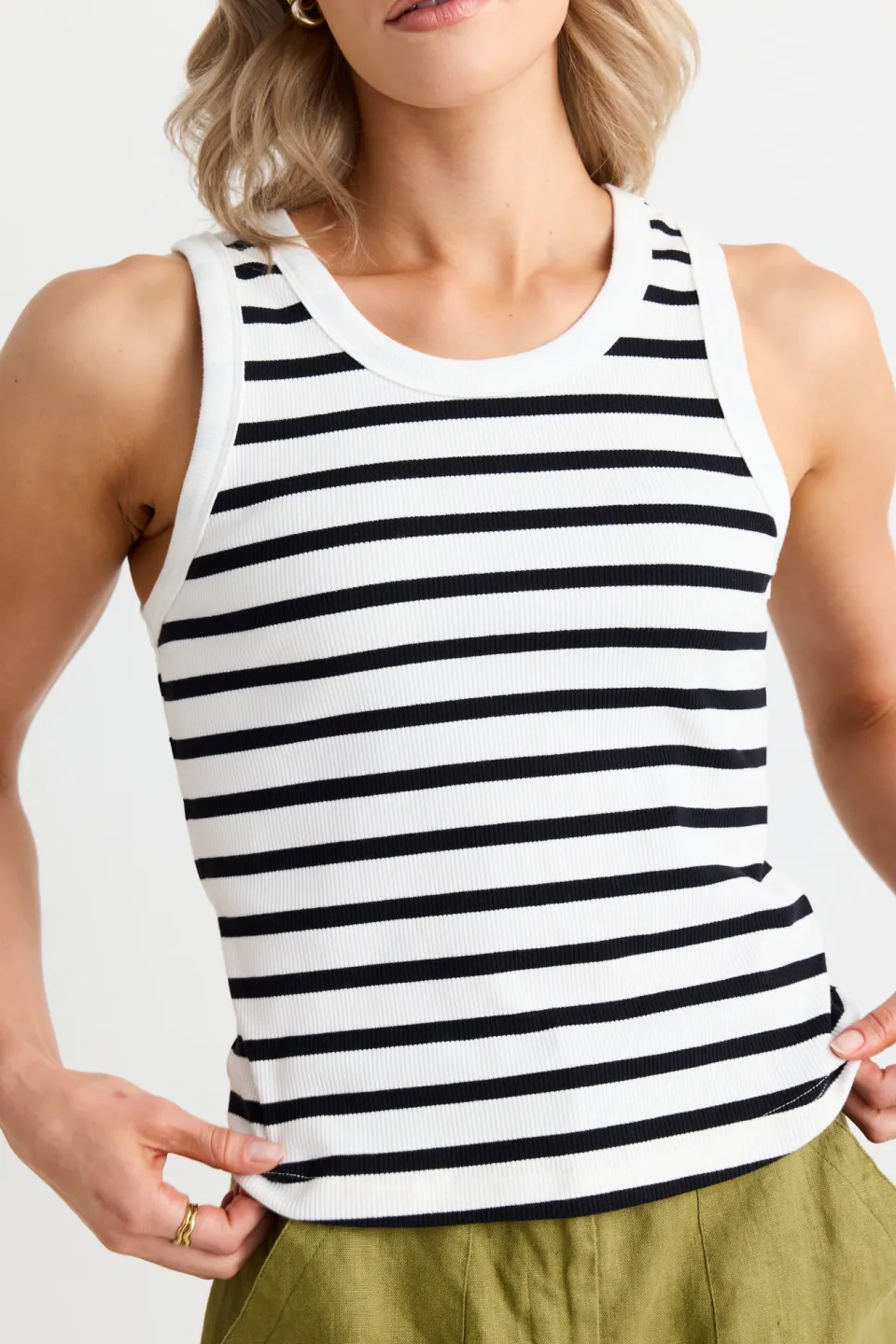 RE:UNION Label Cobble White Black Stripe Rib Cutaway Tank