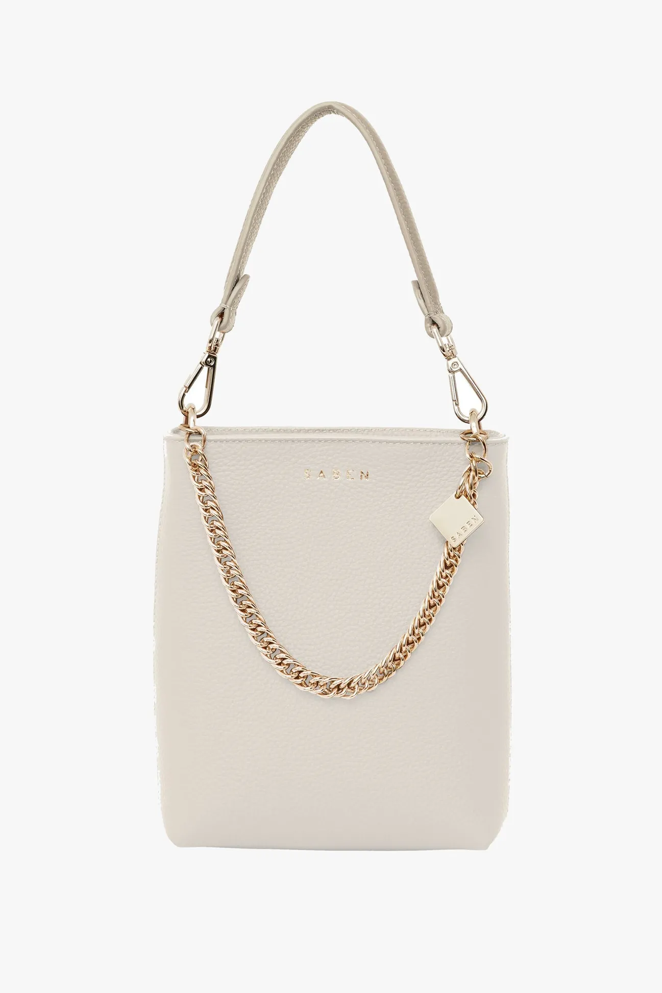Saben Coco Alabaster Leather Bucket Bag with Gold Chain Detail