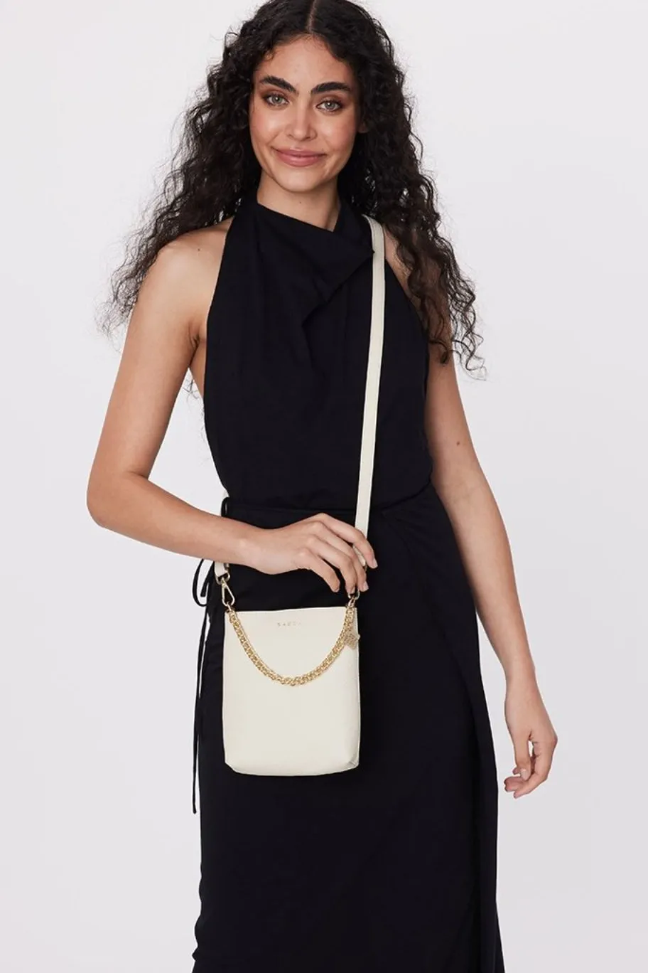 Saben Coco Alabaster Leather Bucket Bag with Gold Chain Detail