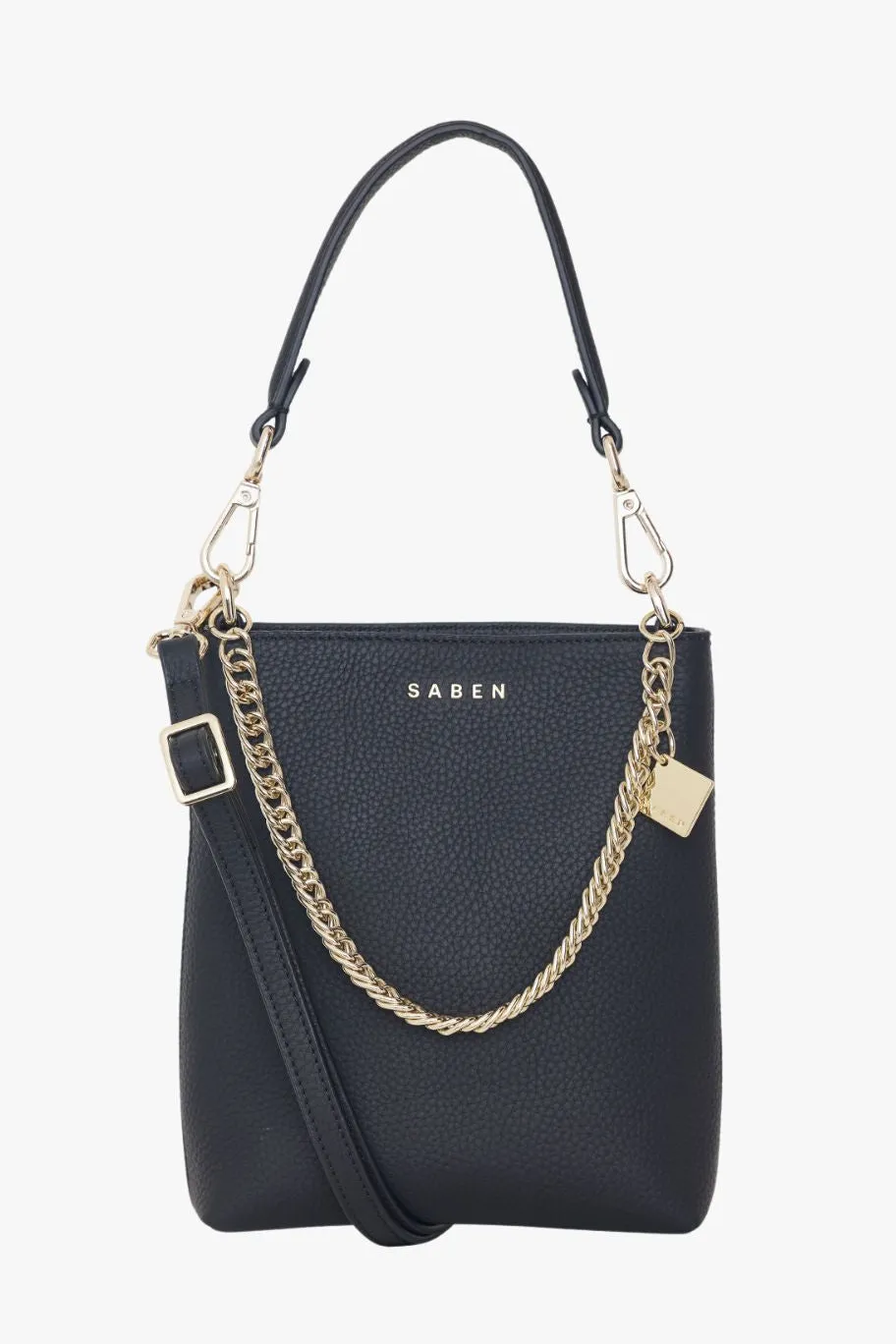 Saben Coco Black Leather Bucket Bag with Gold Chain Detailing