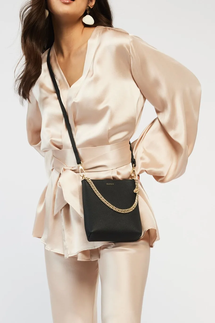 Saben Coco Black Leather Bucket Bag with Gold Chain Detailing