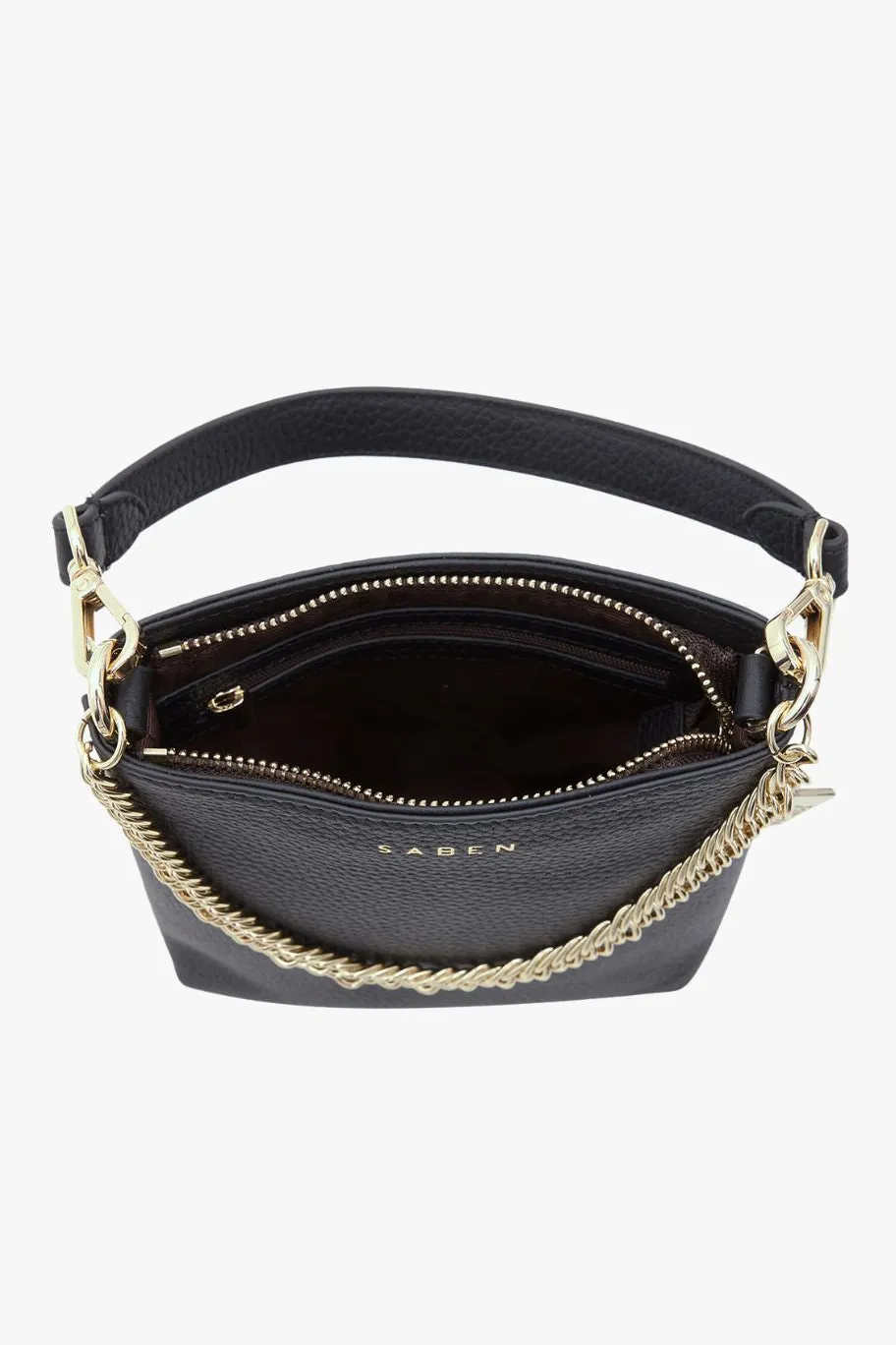 Saben Coco Black Leather Bucket Bag with Gold Chain Detailing