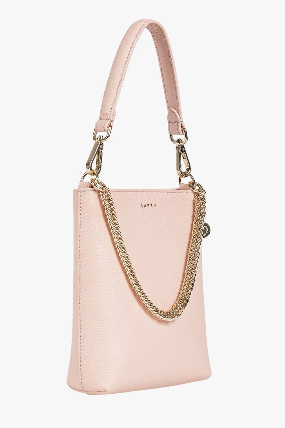 Saben Coco Blush Leather Bucket Bag with Gold Chain