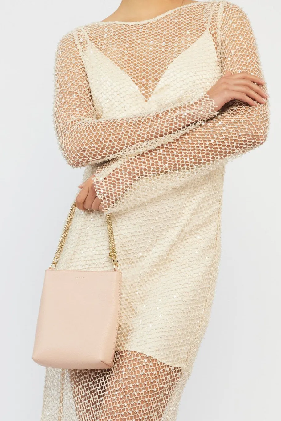 Saben Coco Blush Leather Bucket Bag with Gold Chain