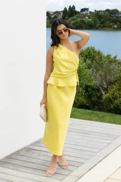 Among the Brave Collide Citron Satin Bias Cut Midi Skirt