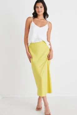 Among the Brave Collide Citron Satin Bias Cut Midi Skirt
