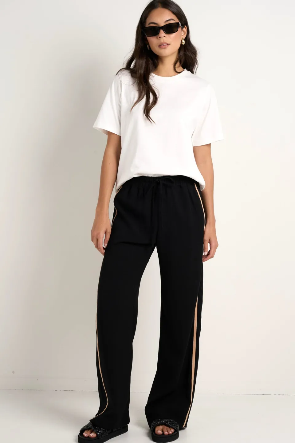 Among the Brave Confidant Black Side Stripe Crepe Wide Pants
