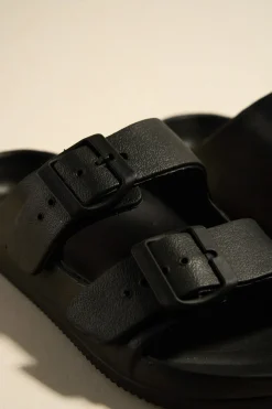 Love Lulu Cool Black Double Buckle Slides