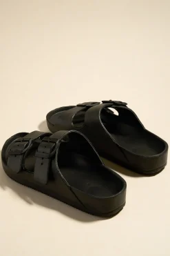 Love Lulu Cool Black Double Buckle Slides