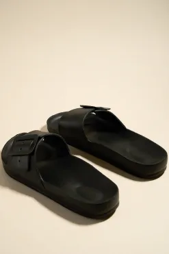 Love Lulu Cool Black Single Buckle Slides