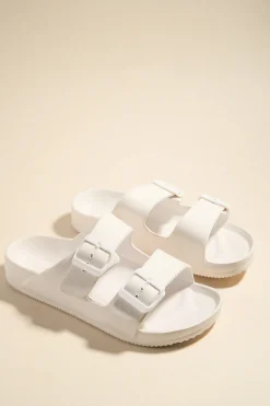 Love Lulu Cool White Double Buckle Slides