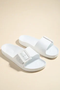 Love Lulu Cool White Single Buckle Slides