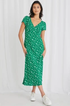 Stories be Told Cosmic Green Ditsy Sleeveless Slim Fit Midi Dress