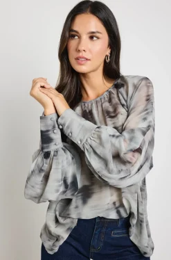 Stories be Told Cosmopolitan Charcoal Smudge Crew Neck Floaty LS Top