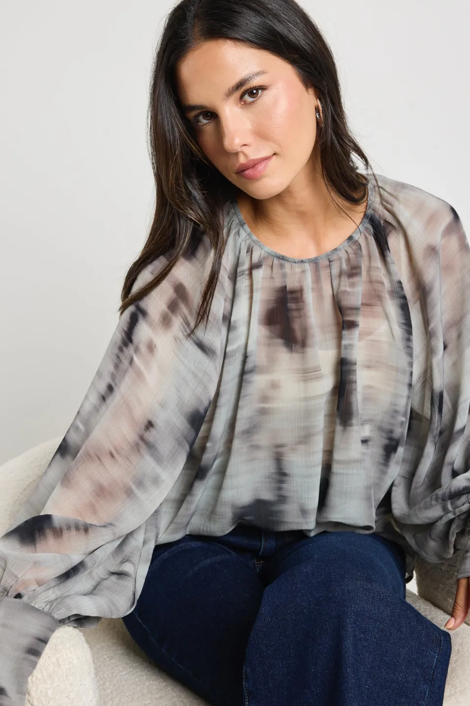 Stories be Told Cosmopolitan Charcoal Smudge Crew Neck Floaty LS Top