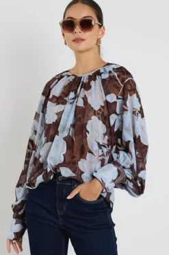 Stories be Told Cosmopolitan Chocolate Blue Floral Crew Neck Floaty LS Top