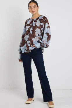 Stories be Told Cosmopolitan Chocolate Blue Floral Crew Neck Floaty LS Top