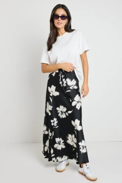 Stories be Told Critical Black Floral Satin Tie Waist Bias Maxi Skirt