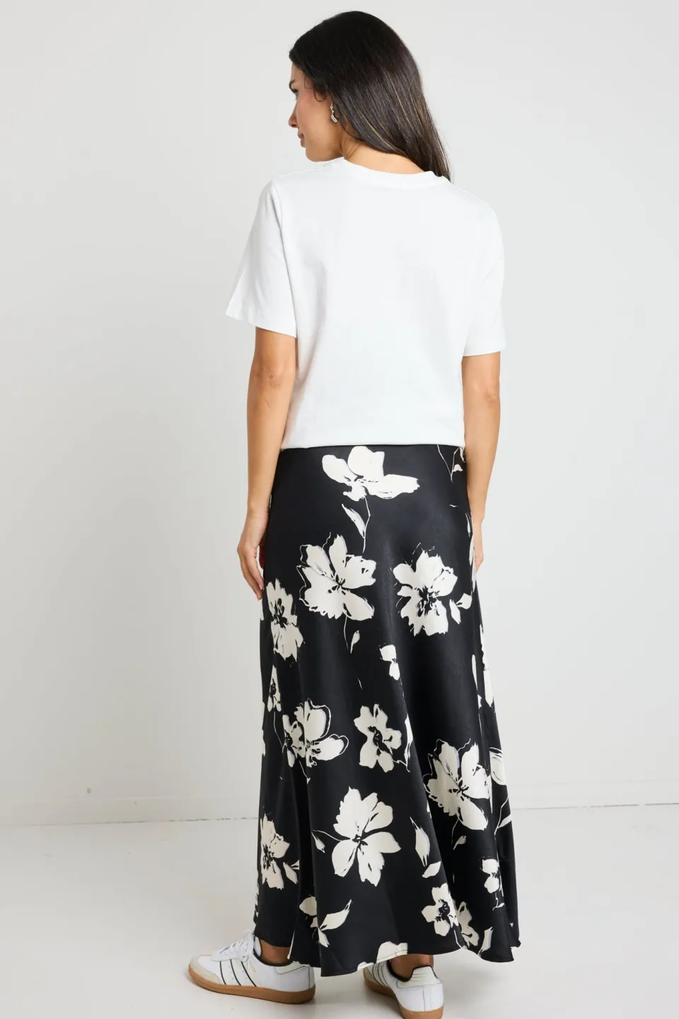 Stories be Told Critical Black Floral Satin Tie Waist Bias Maxi Skirt
