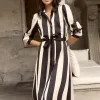 Among the Brave Cyprus Black Sand Stripe Satin LS Shirt Midi Dress