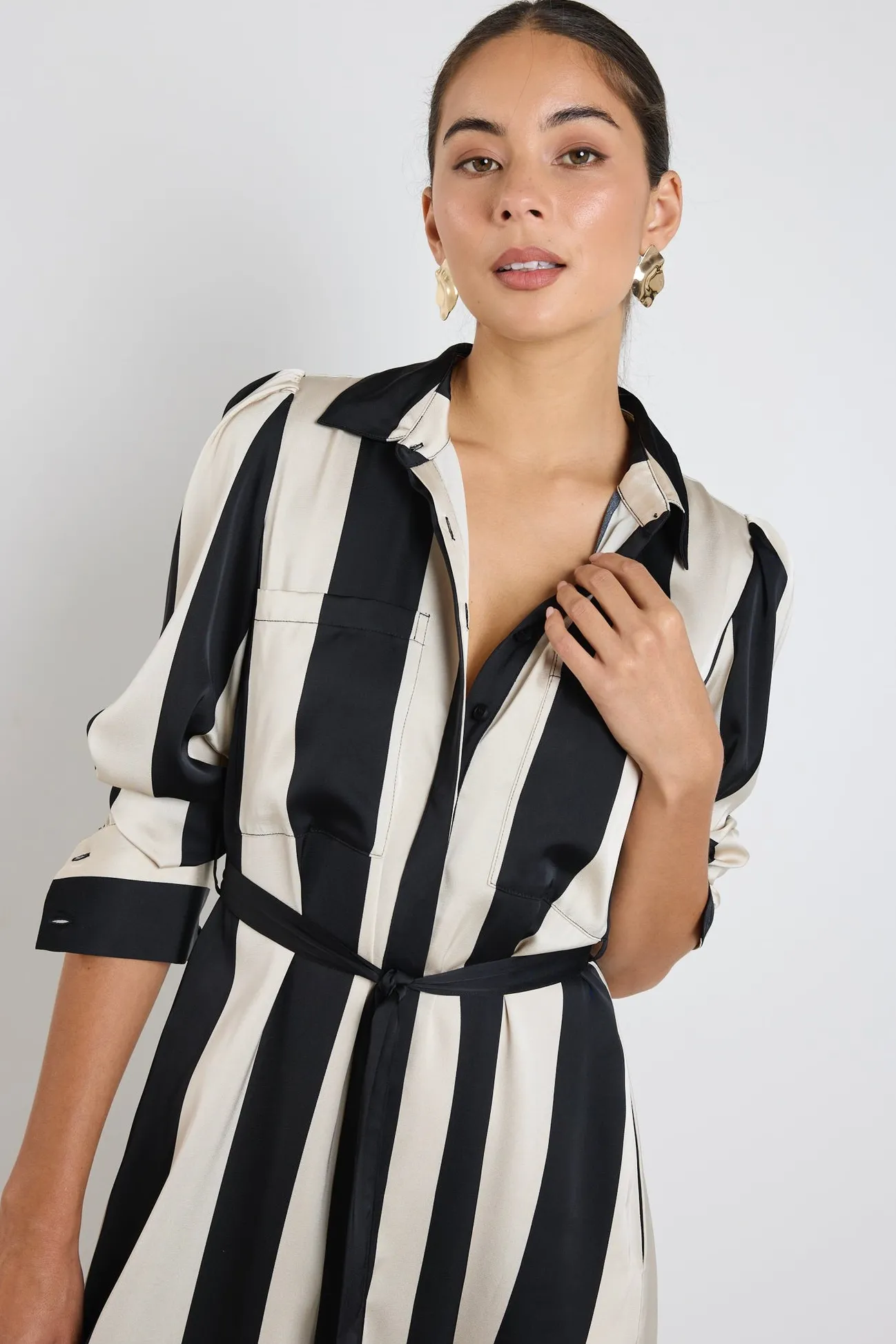 Among the Brave Cyprus Black Sand Stripe Satin LS Shirt Midi Dress