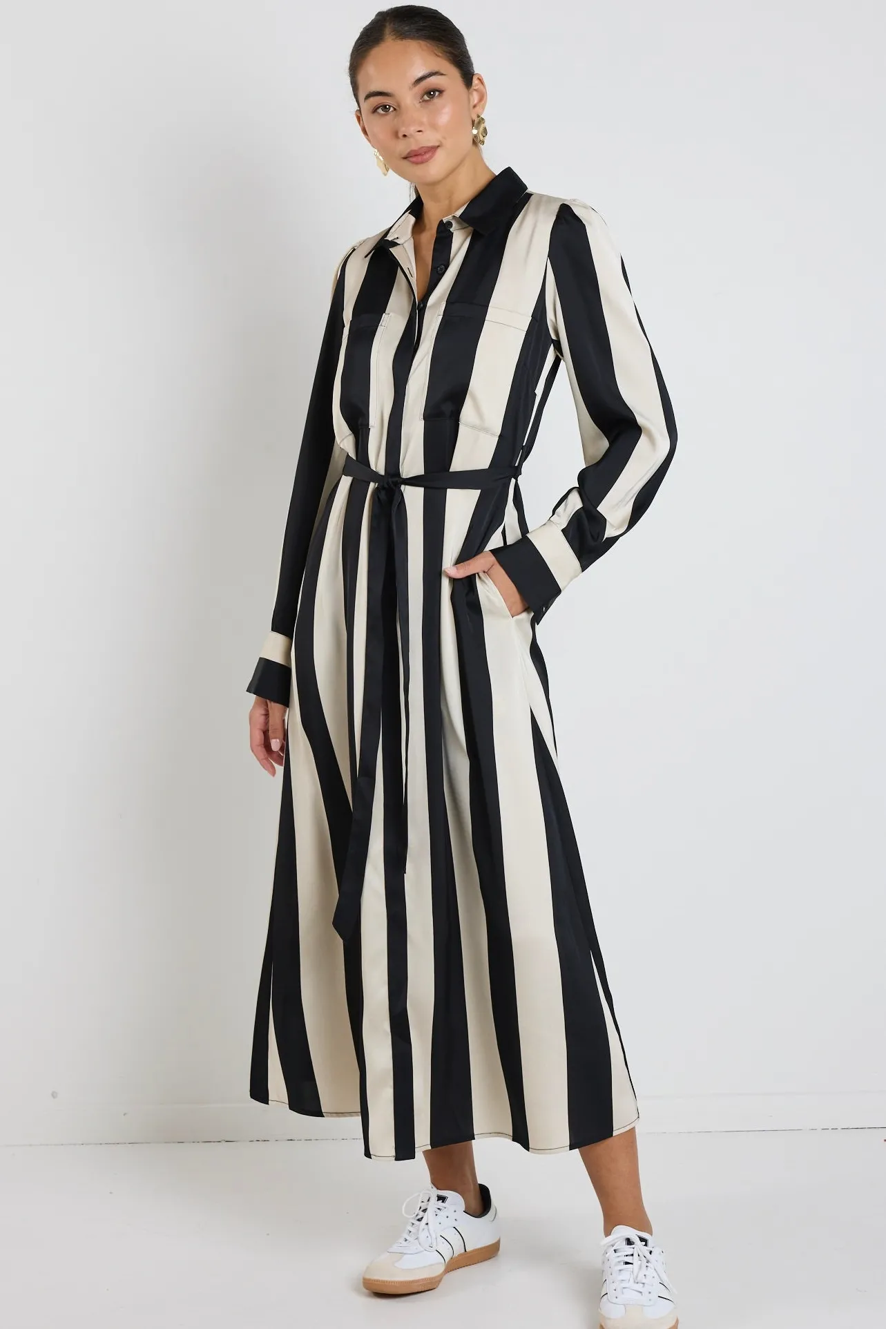 Among the Brave Cyprus Black Sand Stripe Satin LS Shirt Midi Dress