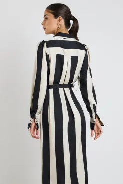 Among the Brave Cyprus Black Sand Stripe Satin LS Shirt Midi Dress