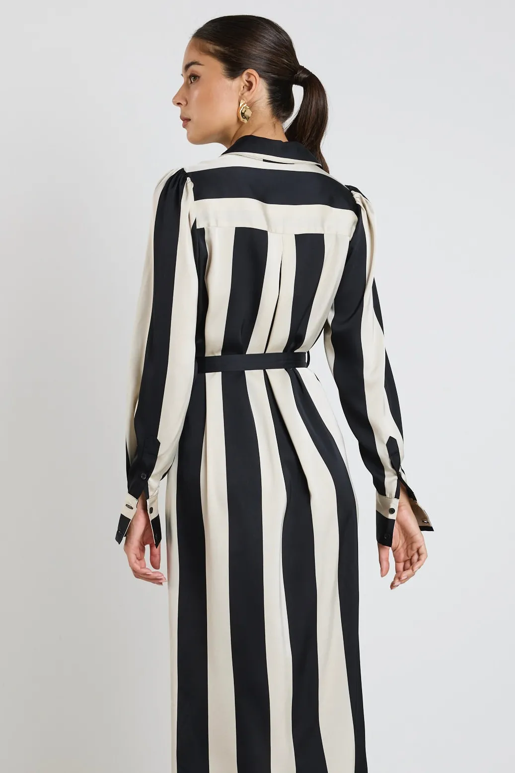 Among the Brave Cyprus Black Sand Stripe Satin LS Shirt Midi Dress