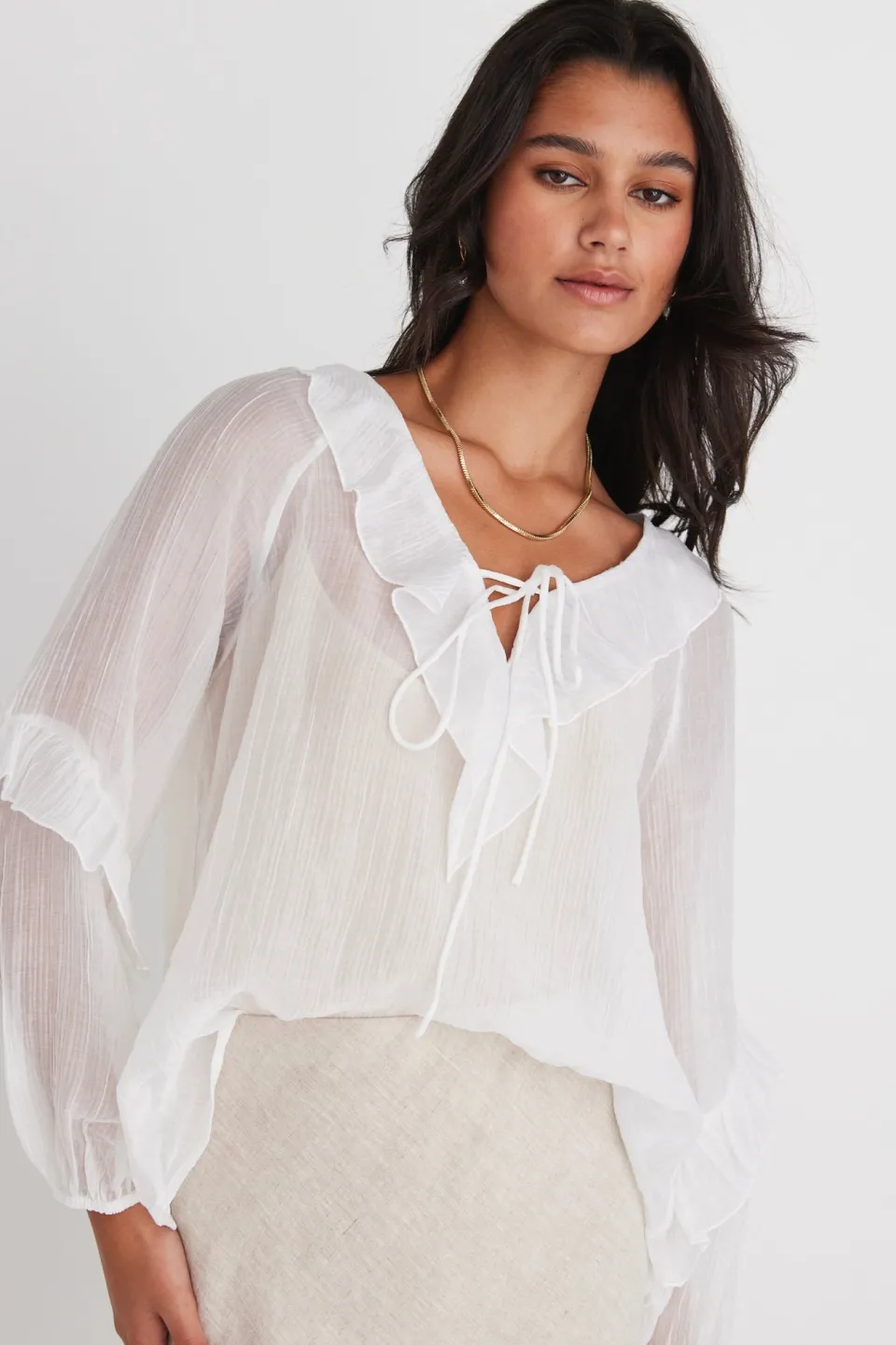 Among the Brave Daily Ivory Sheer Texture Frill Front Top