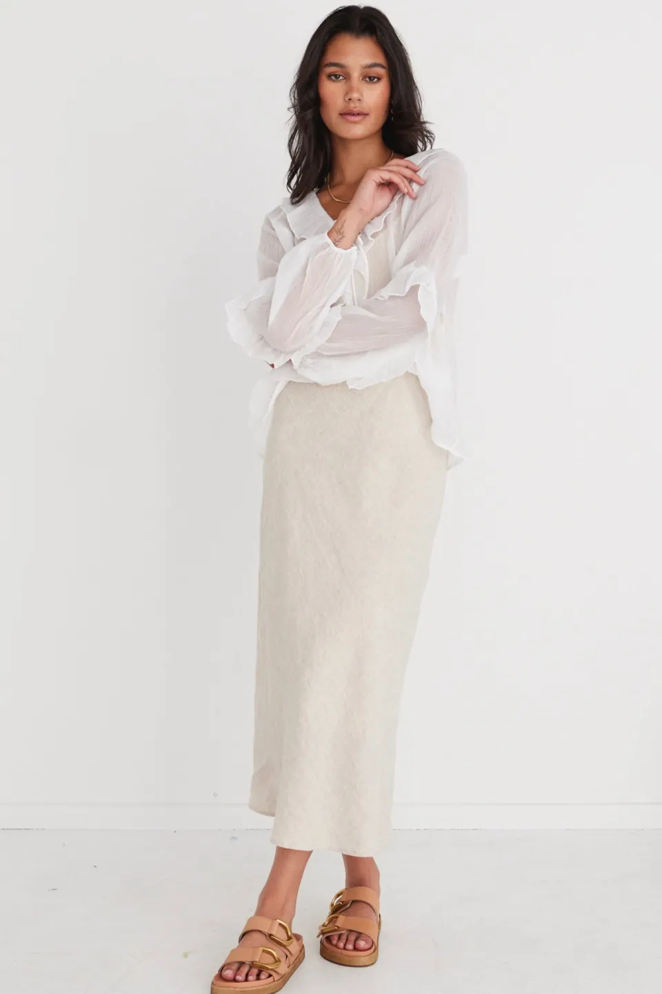 Among the Brave Daily Ivory Sheer Texture Frill Front Top