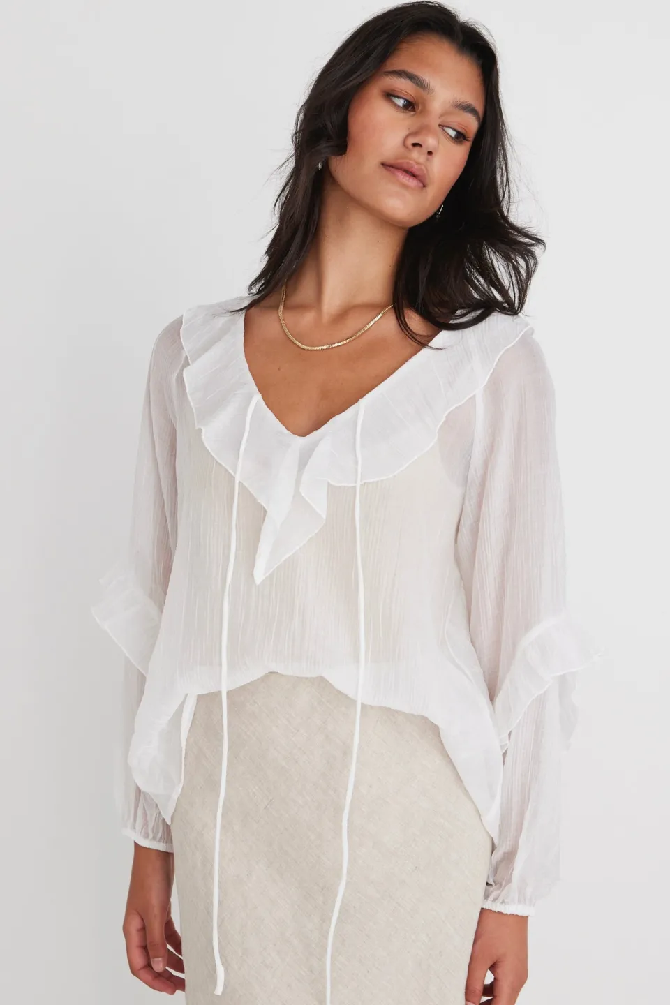 Among the Brave Daily Ivory Sheer Texture Frill Front Top