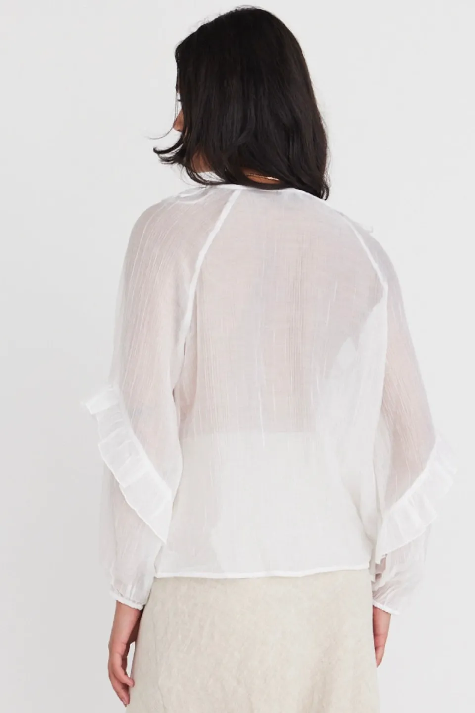 Among the Brave Daily Ivory Sheer Texture Frill Front Top