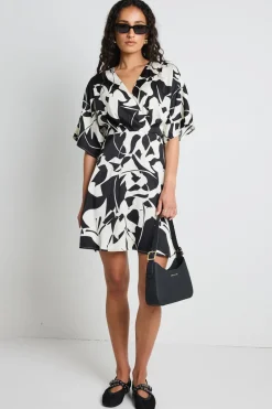 Among the Brave Dali Black White Satin SS Kimono Mini Dress