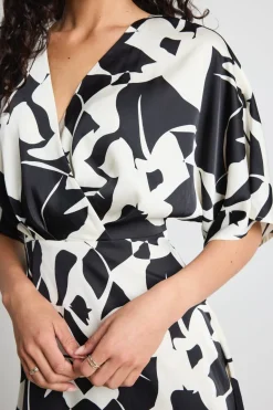 Among the Brave Dali Black White Satin SS Kimono Mini Dress