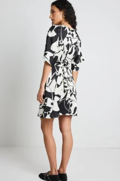 Among the Brave Dali Black White Satin SS Kimono Mini Dress