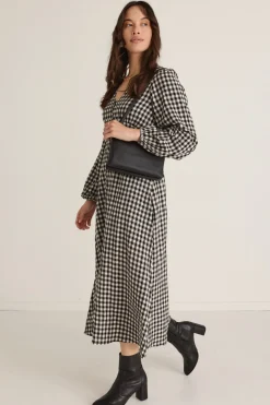 Among the Brave Damsel Black Gingham LS Button Front Midi Dress
