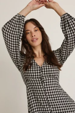 Among the Brave Damsel Black Gingham LS Button Front Midi Dress
