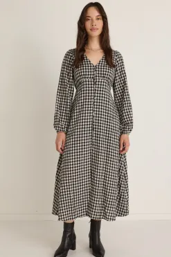 Among the Brave Damsel Black Gingham LS Button Front Midi Dress