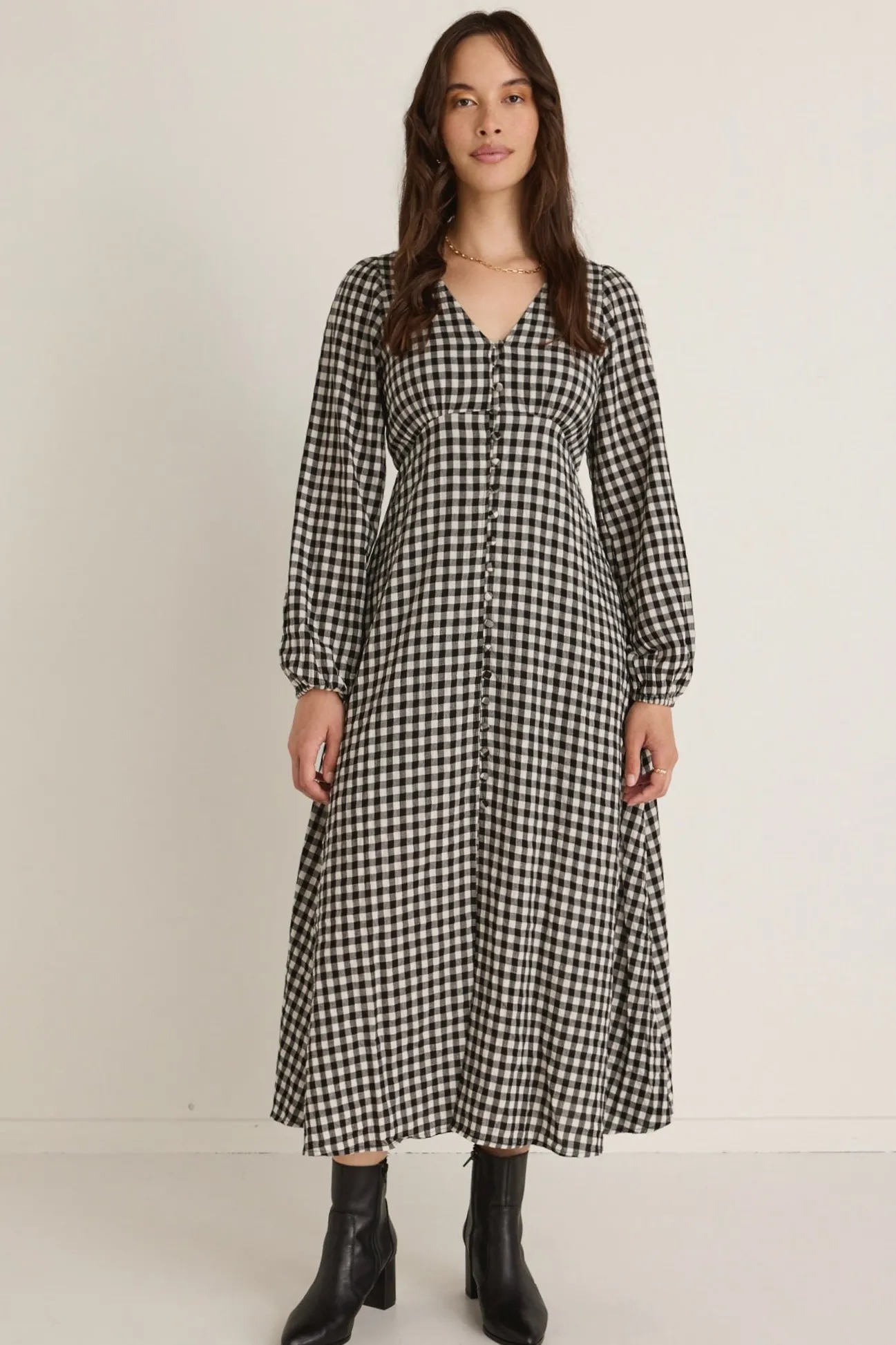 Among the Brave Damsel Black Gingham LS Button Front Midi Dress