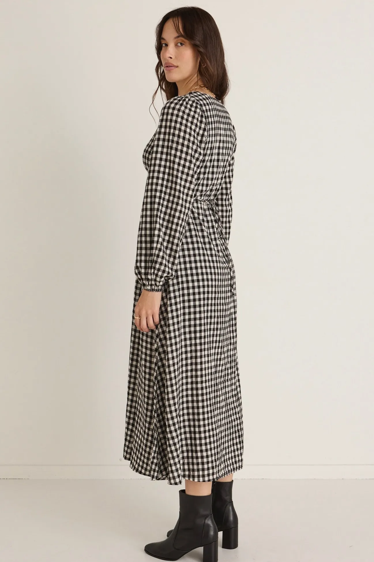 Among the Brave Damsel Black Gingham LS Button Front Midi Dress