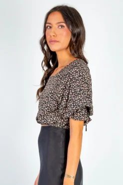 Among the Brave Dare Me Walnut Floral Puff Sleeve Elastic Waist Tie Back Crop Top