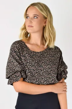 Among the Brave Dare Me Walnut Floral Puff Sleeve Elastic Waist Tie Back Crop Top