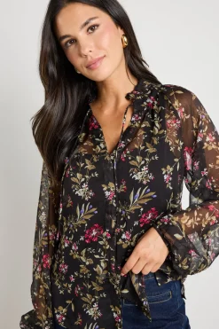 By Rosa. Deft Black Posy Floral Sheer LS Blouse