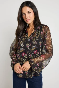 By Rosa. Deft Black Posy Floral Sheer LS Blouse